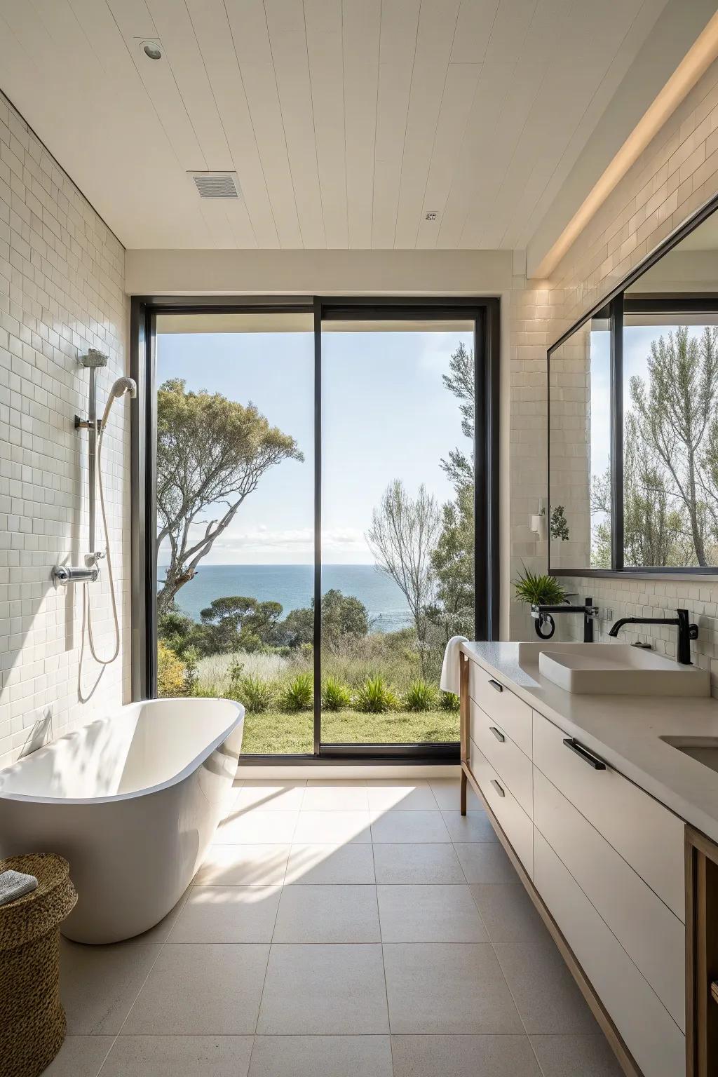 A spacious shower with a large window that allows natural light to enhance the bathroom's design.