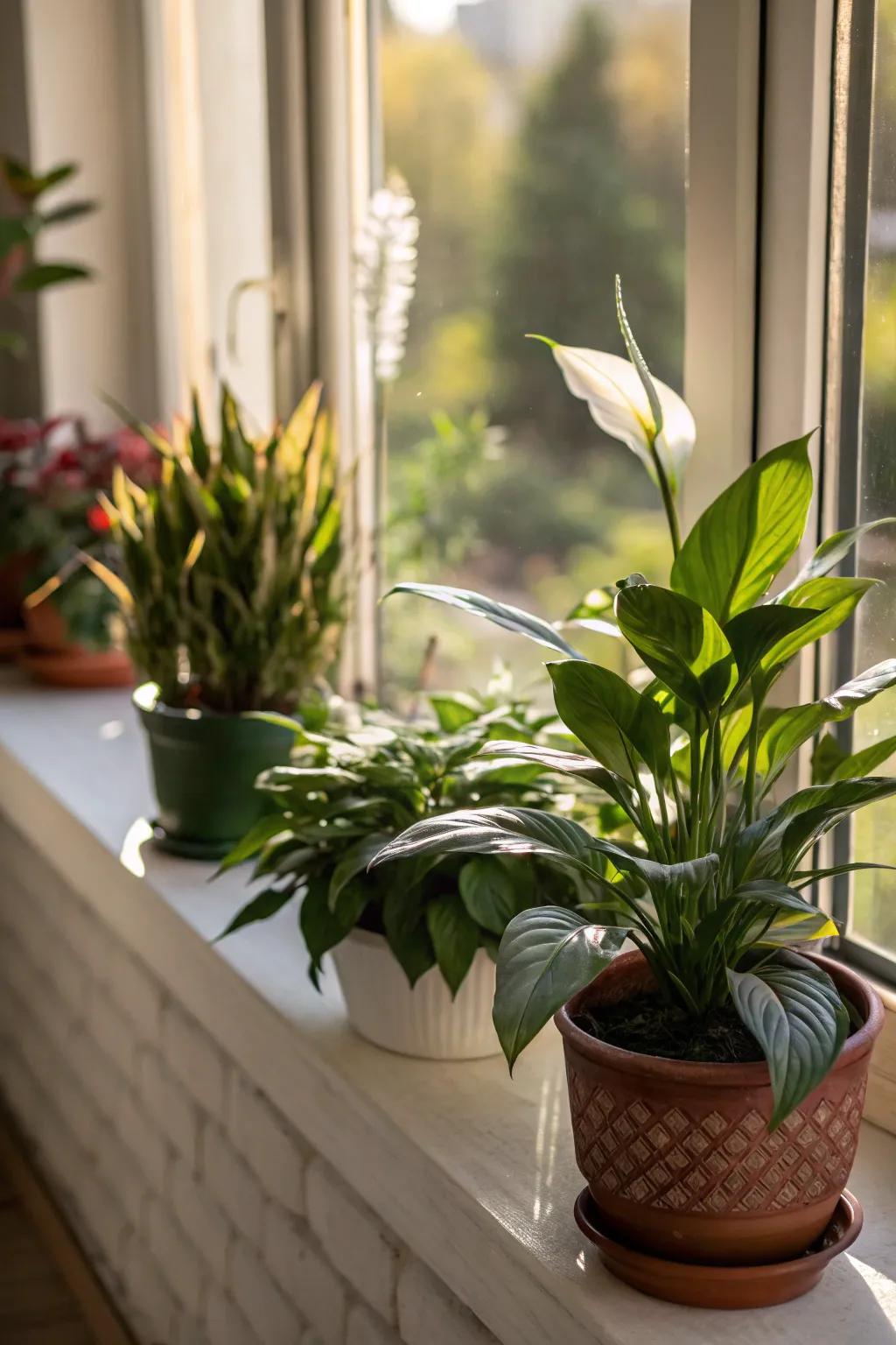 A window sill transformed into a mini green oasis with succulents and a peace lily.