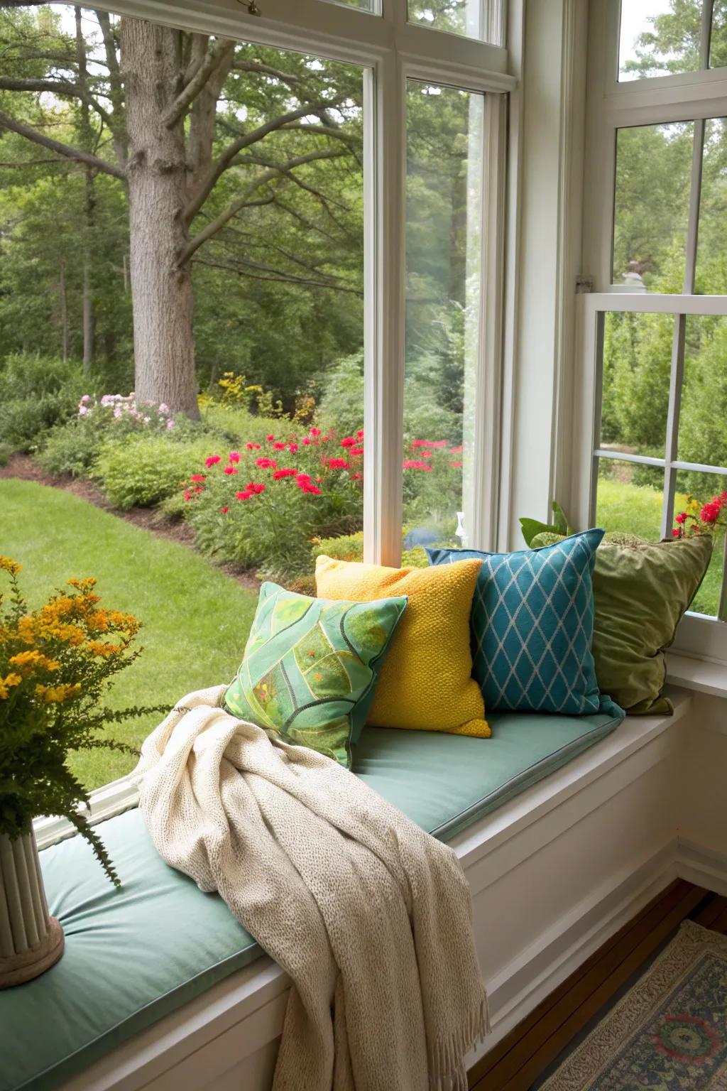 Layered cushions bring comfort and style to your window sitting area.