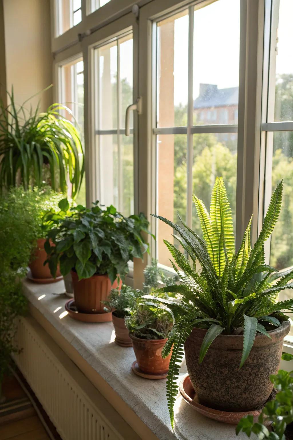 A vibrant collection of potted plants adds life to the windowsill.