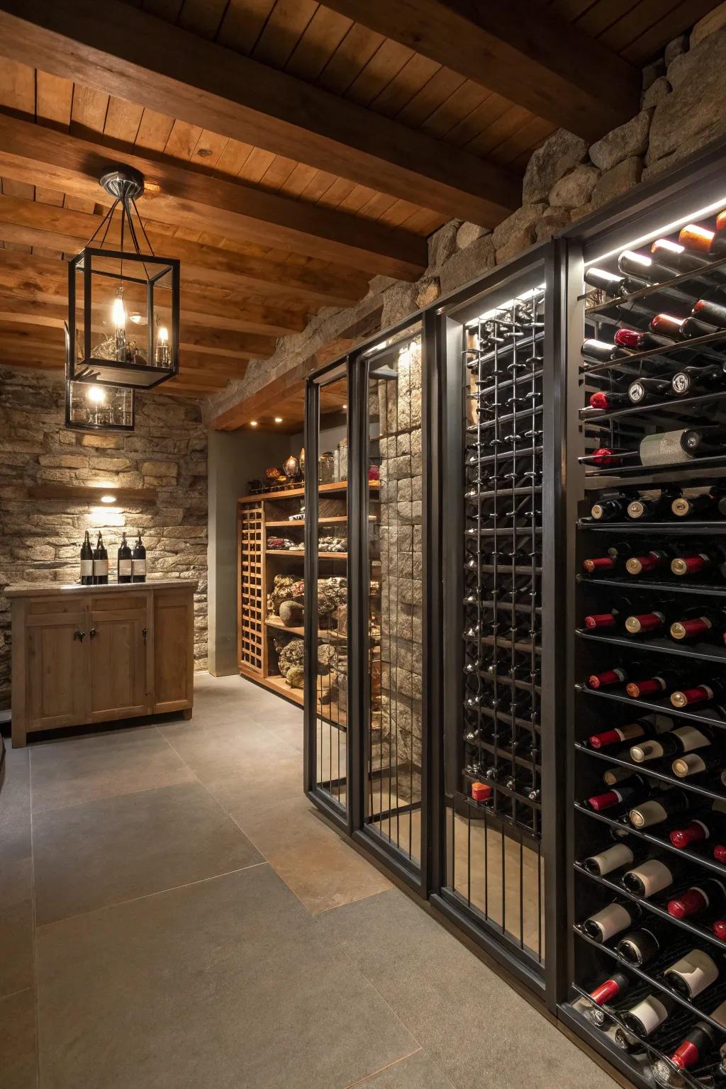 Contemporary wine cellar featuring sleek metal wine racks.