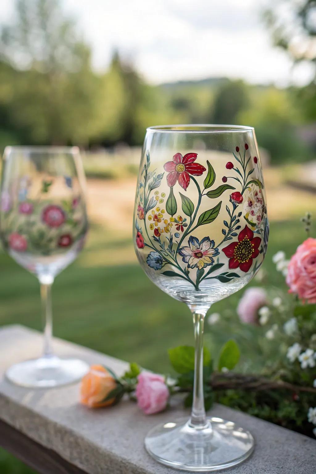 Hand-painted floral wine glass captures the essence of spring.