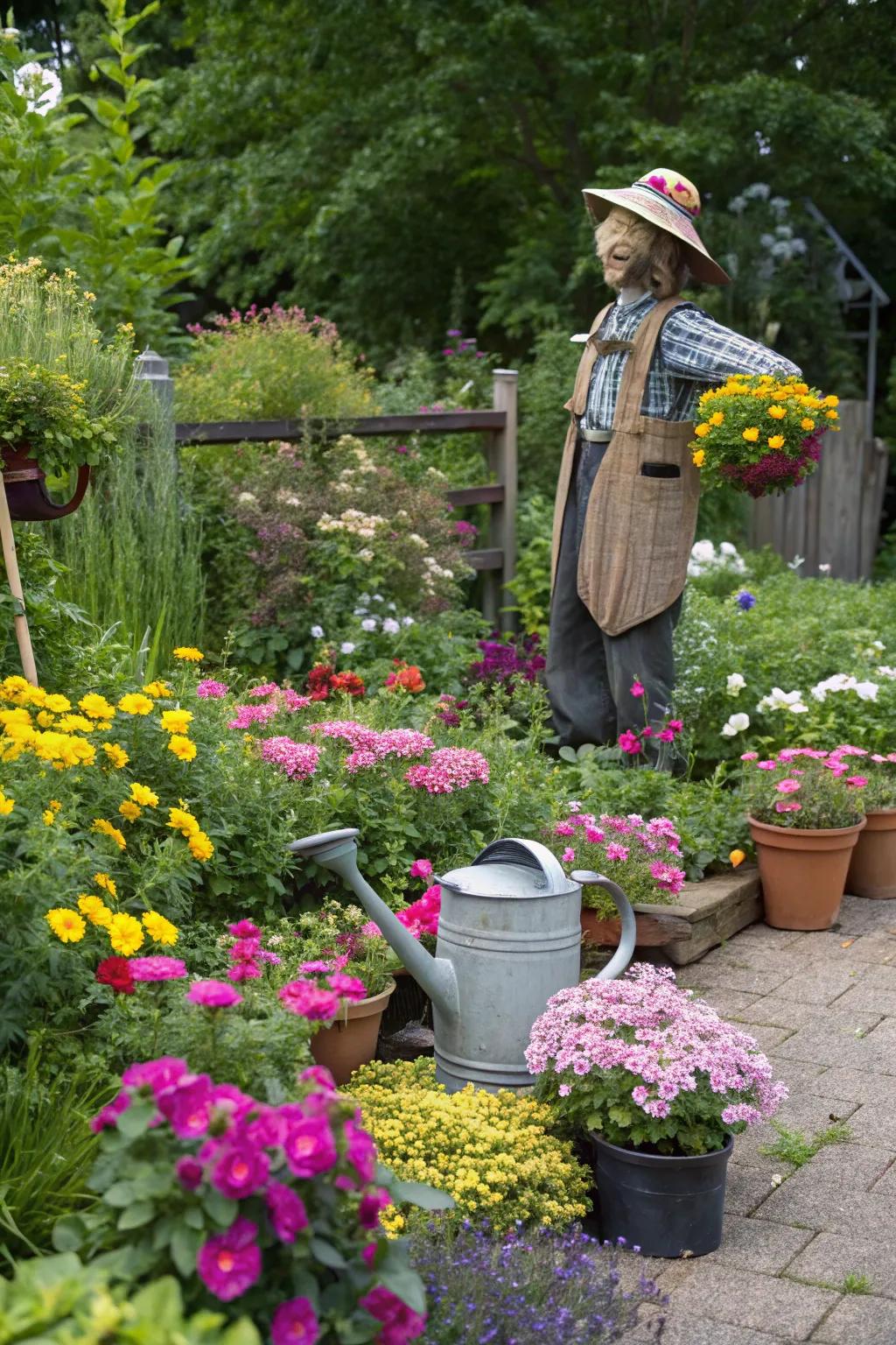 A scarecrow hosting a garden party with flowers in full bloom.