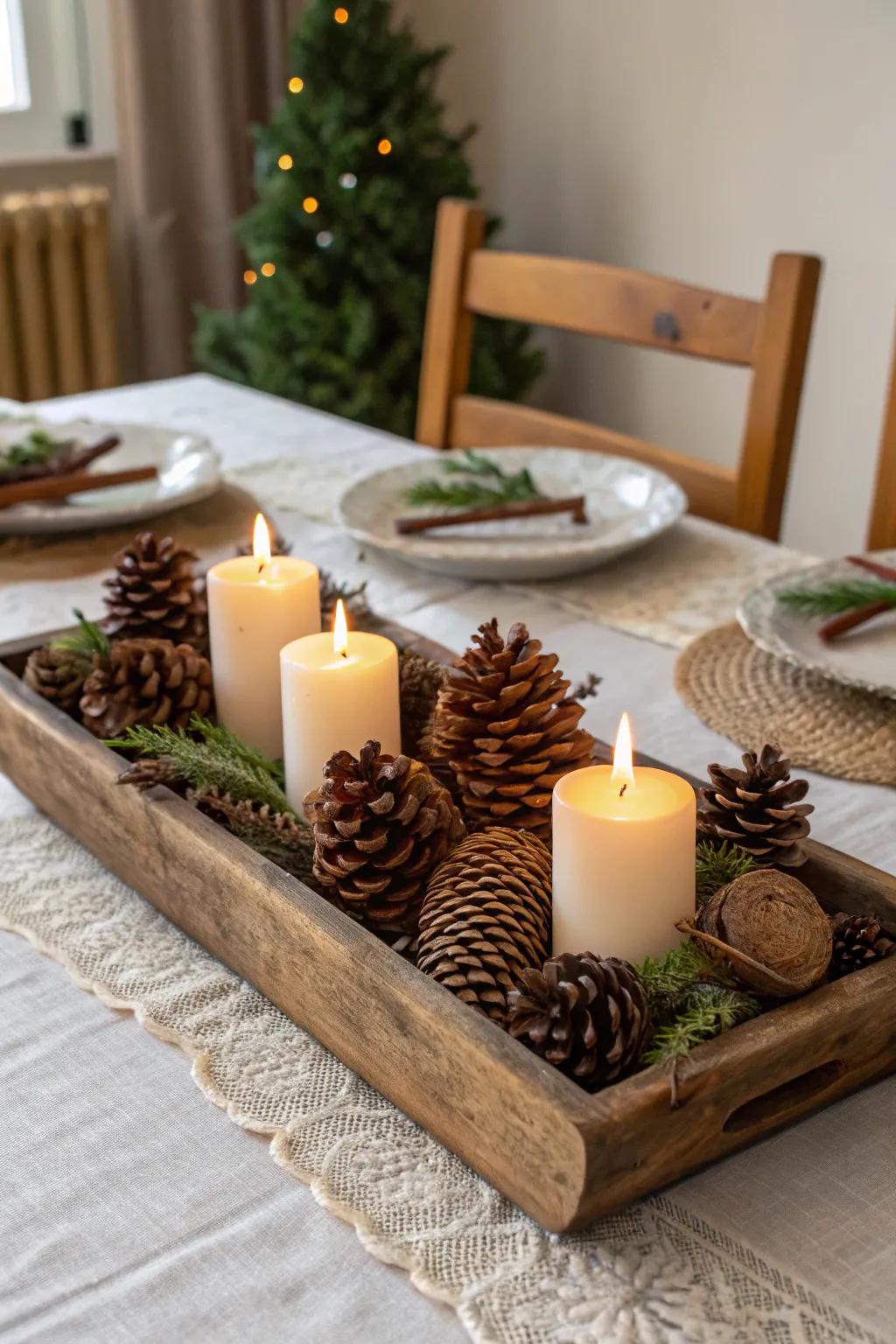 A cozy glow with pinecones and candles.