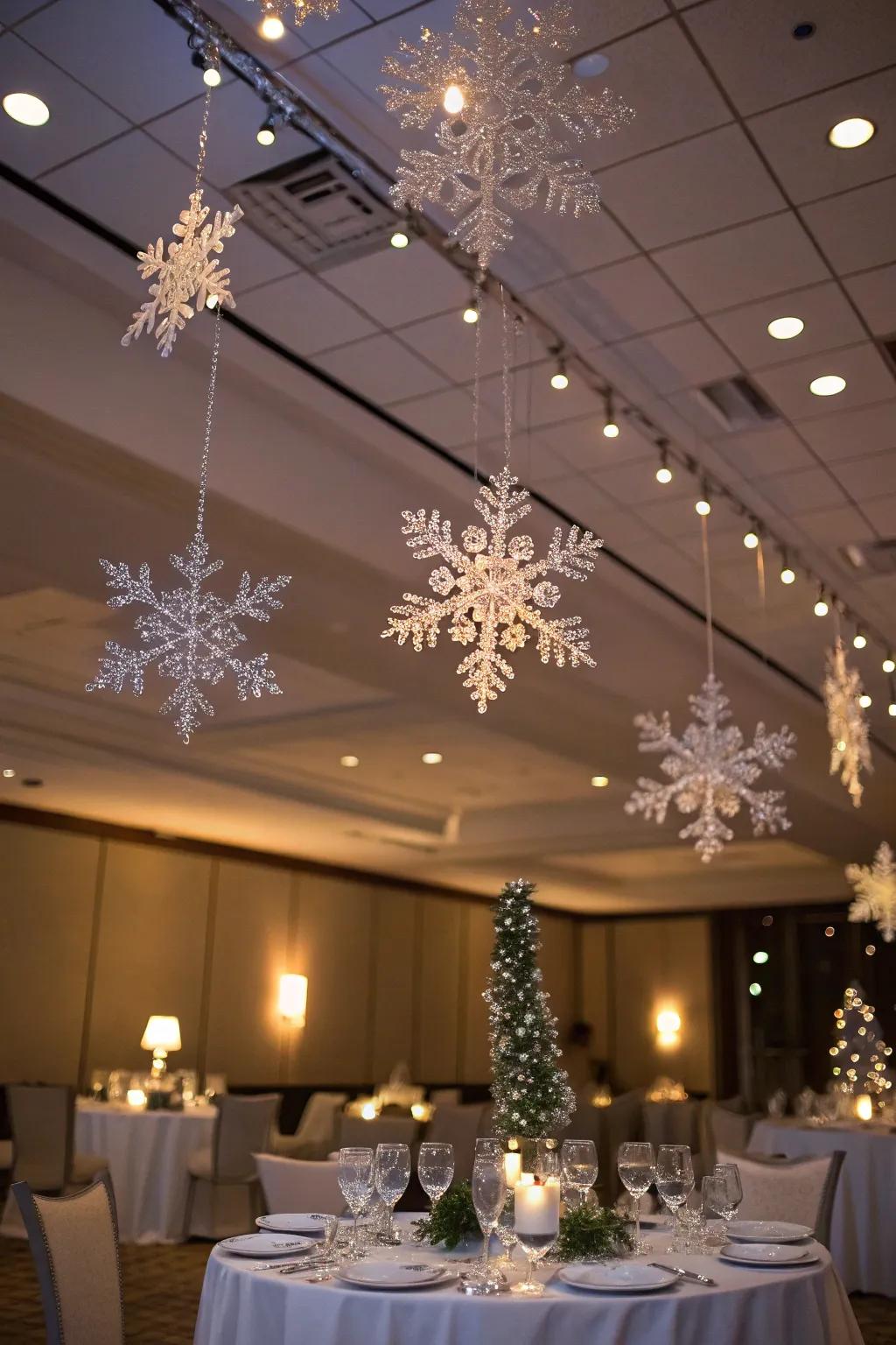 Crystal snowflakes add a touch of elegance to any winter formal.