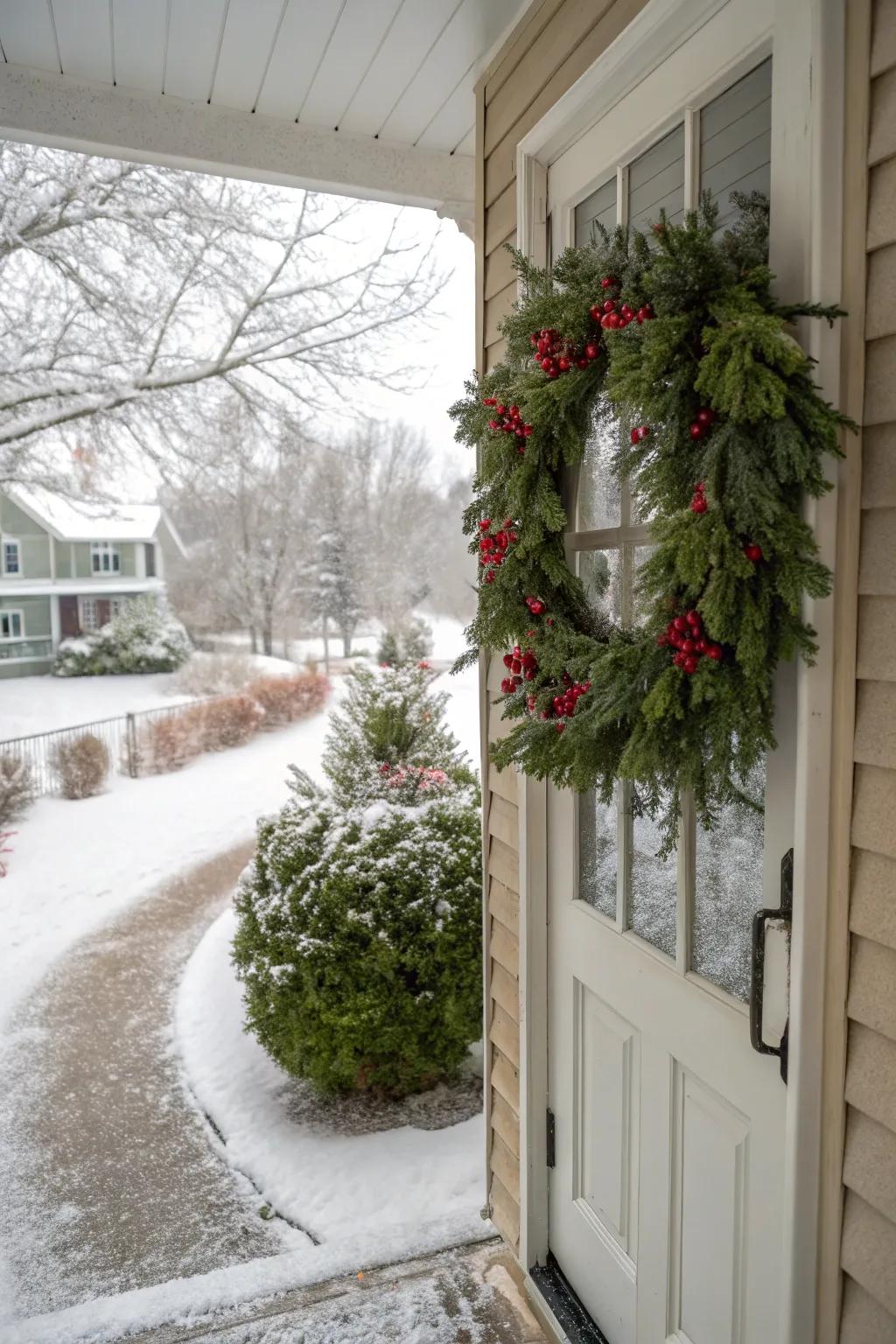 A front door adorned with a lush evergreen wreath, perfect for winter.