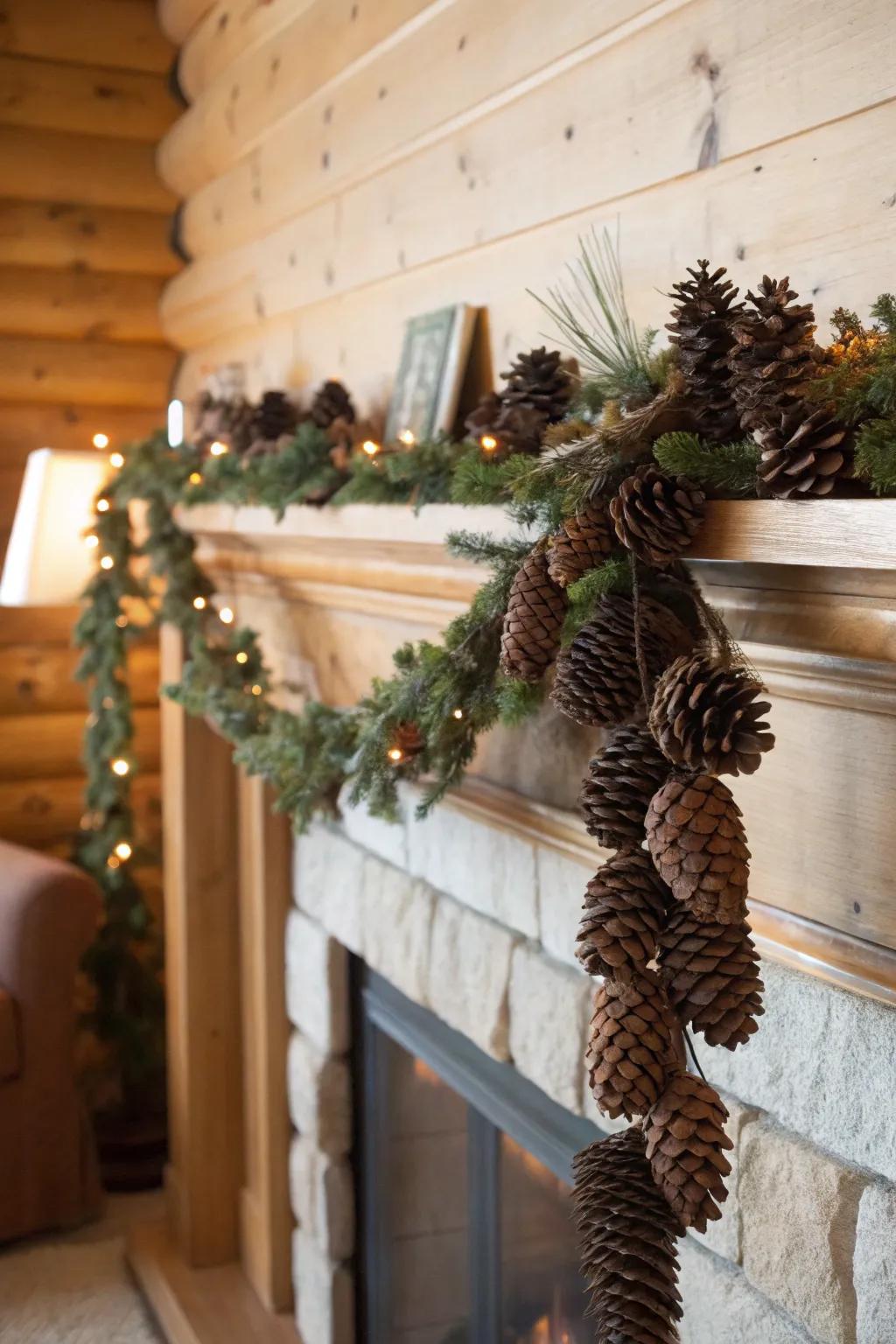 A rustic pine cone garland elegantly drapes over a fireplace mantle.