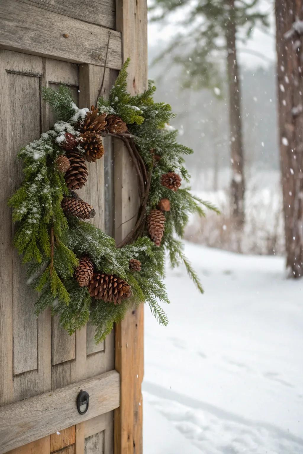 Bring the forest to your door with this pinecone and evergreen wreath.