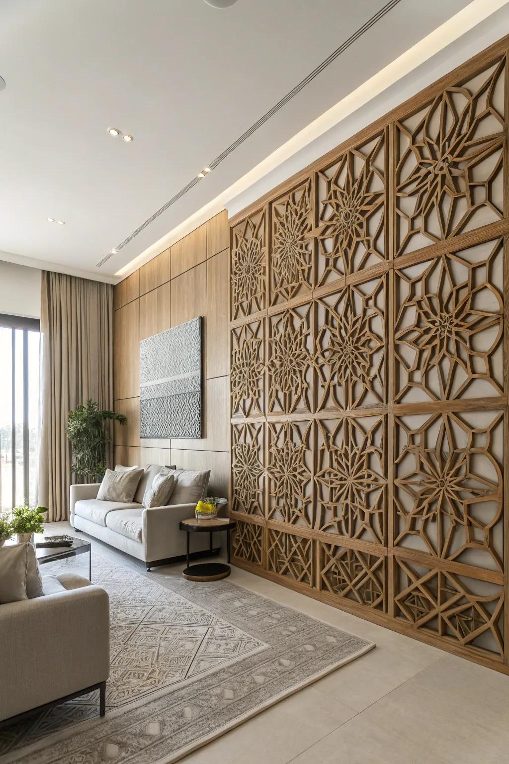 A geometric wood accent wall adding charm to a minimalist living room.