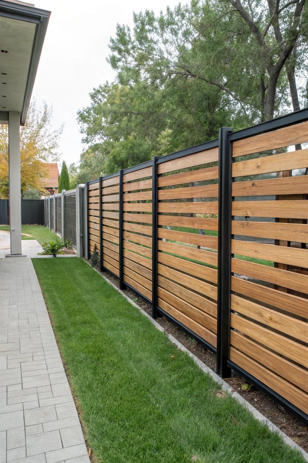 A modern minimalist fence with horizontal wood slats and sturdy metal frames.