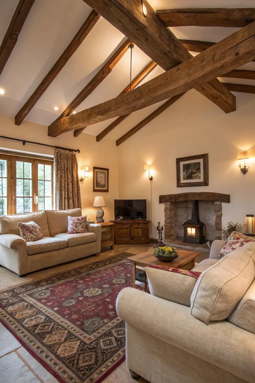 Rustic charm with exposed wood beams and inviting decor.