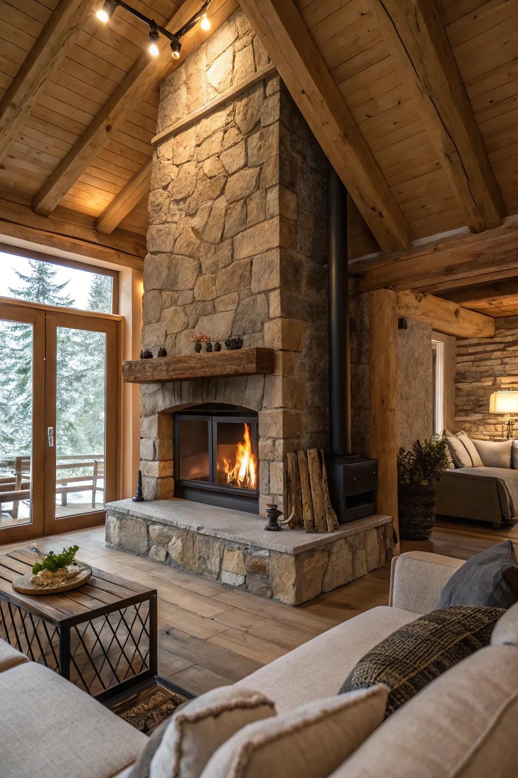 A rustic stone surround for a natural, cozy feel.