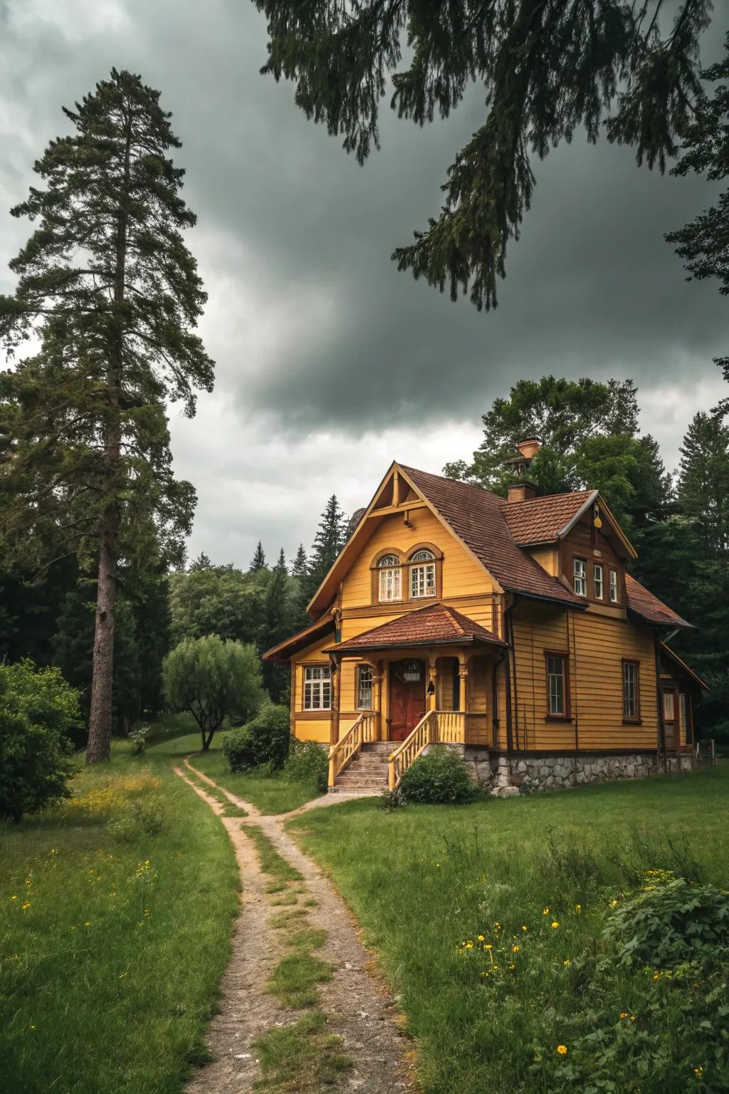 A wooden house painted in warm earthy tones, creating a cozy and inviting atmosphere.