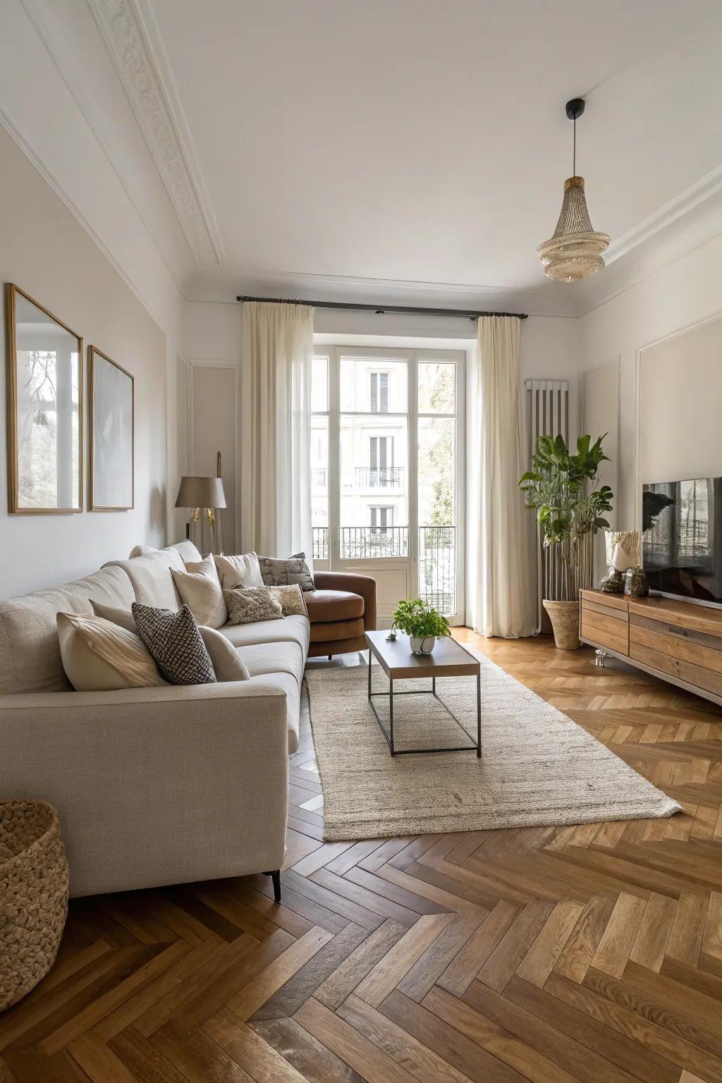 A modern living room featuring a herringbone wood floor that exudes elegance.