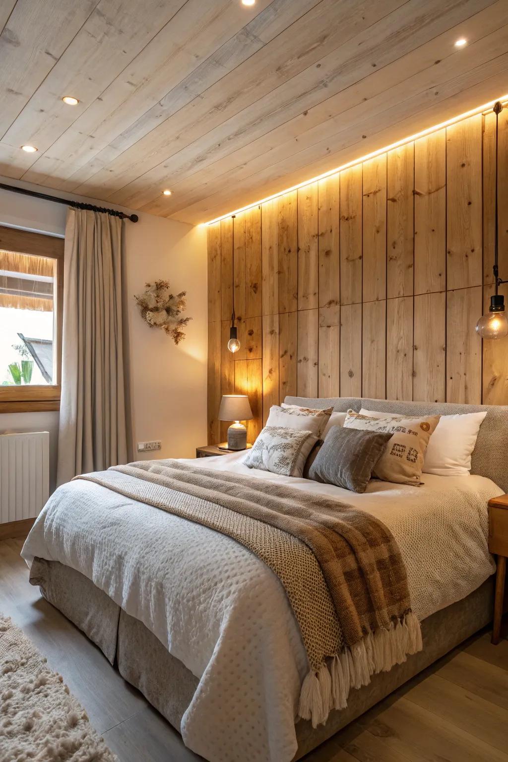 A bedroom enhanced by a warm wood panel accent wall.