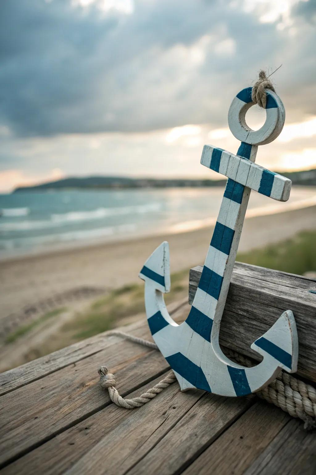 Classic blue and white striped wooden anchor