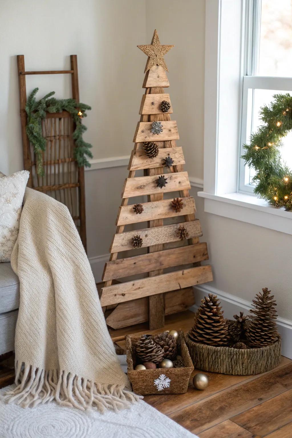 A rustic wooden slat tree tucked neatly in a cozy corner.