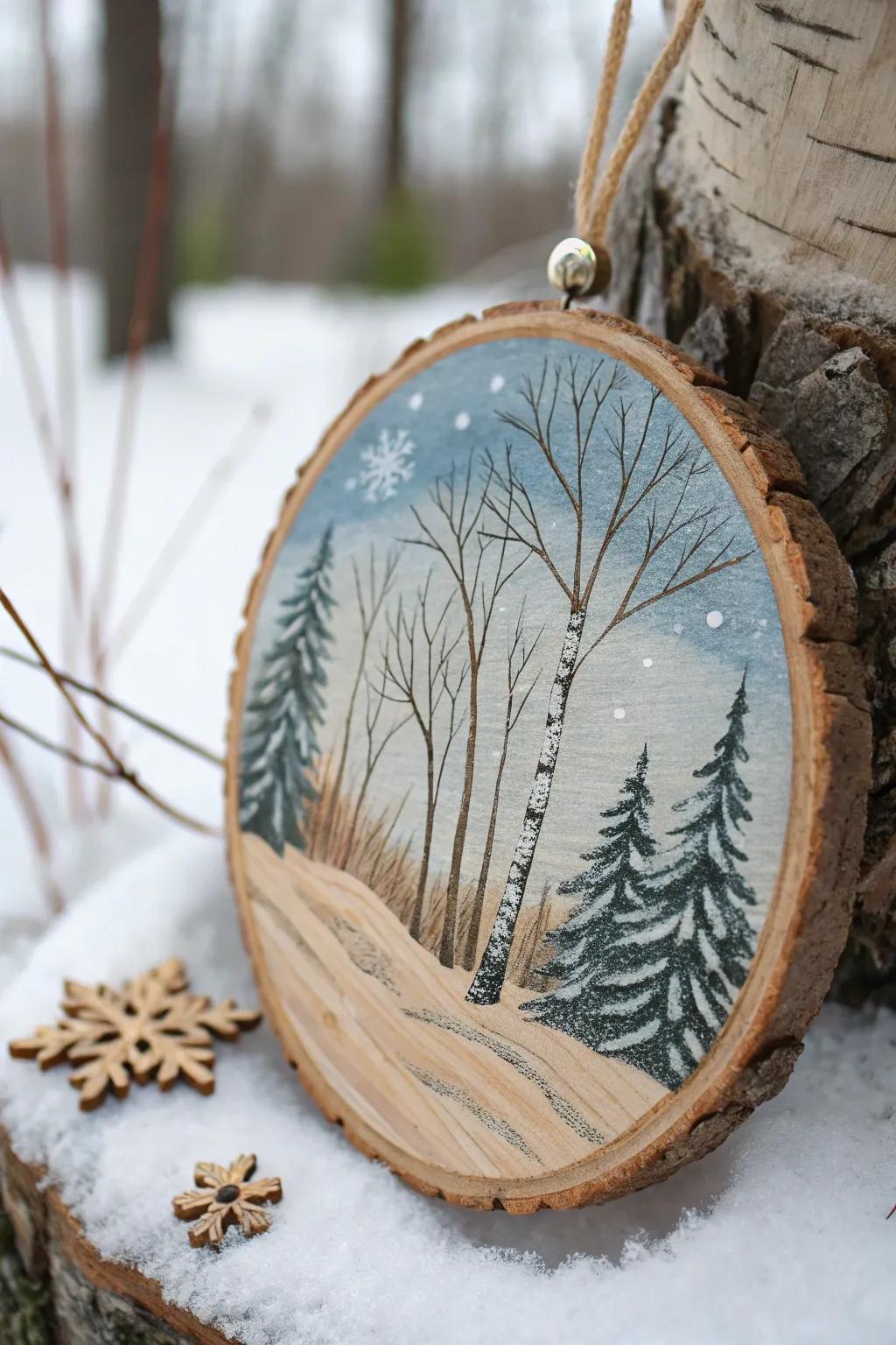 A hand-painted winter wonderland on a wooden circle ornament.