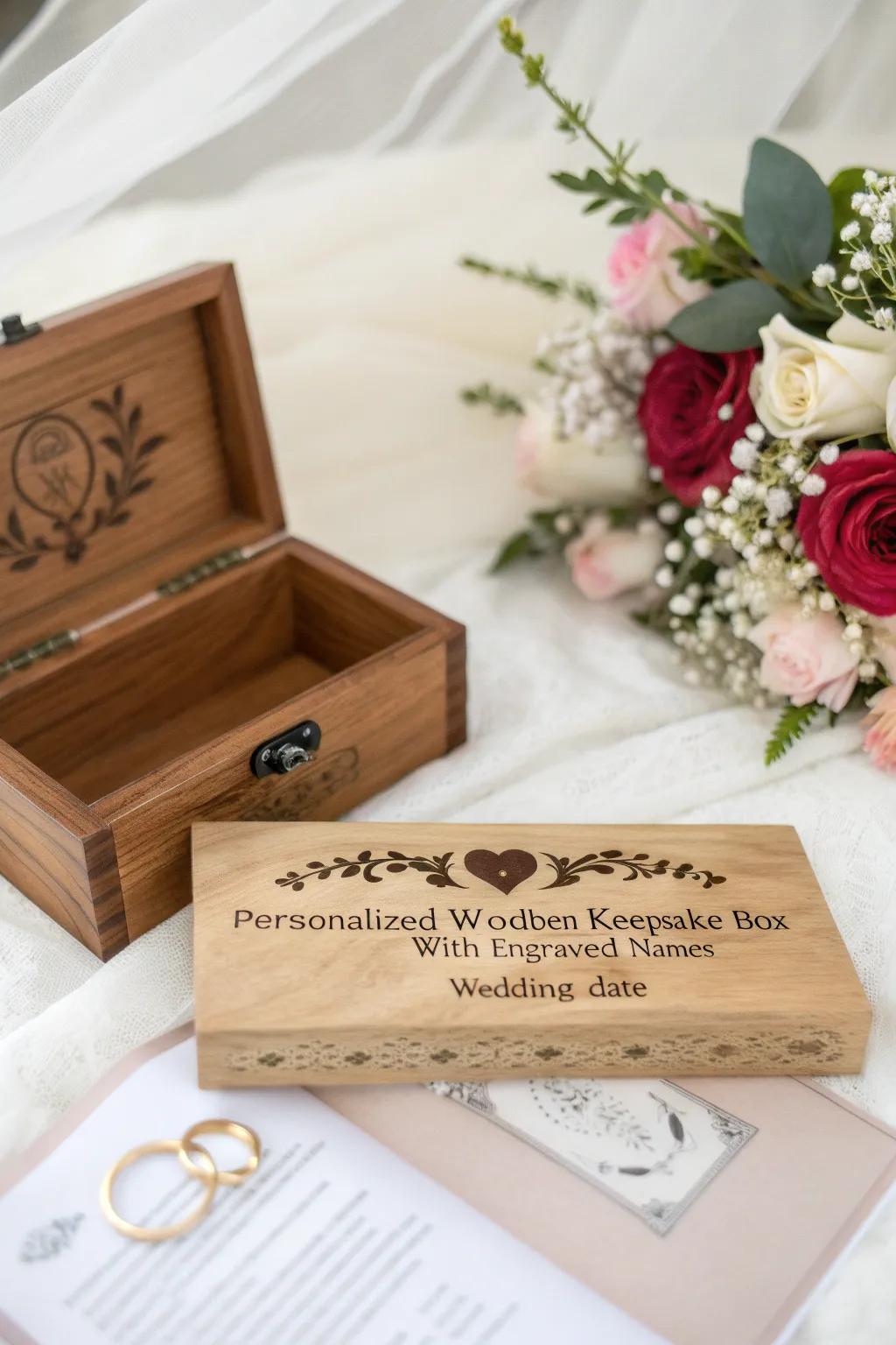 A beautifully engraved wooden keepsake box perfect for storing wedding memories.