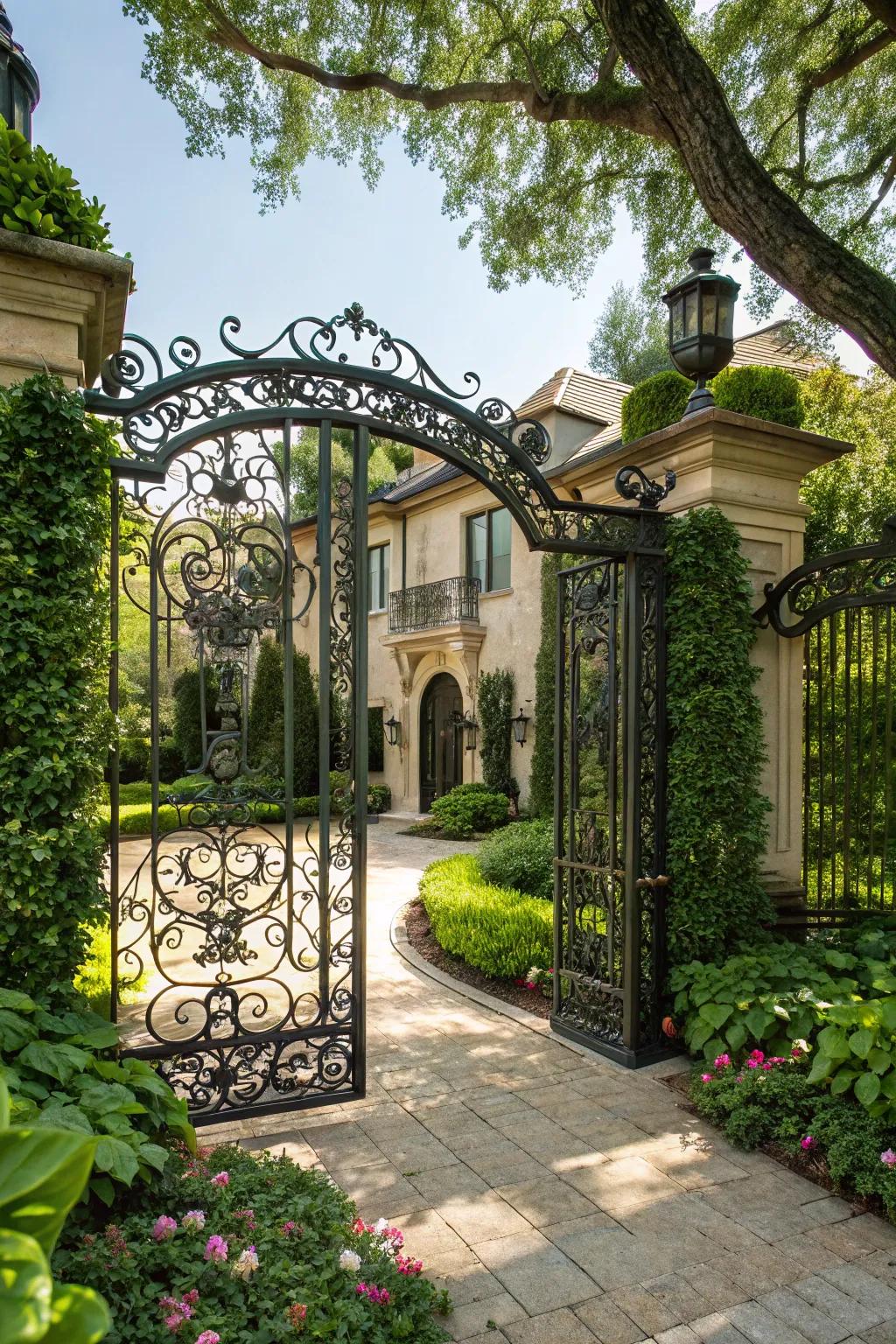 A wrought iron gate sets a majestic tone for your home's entryway.