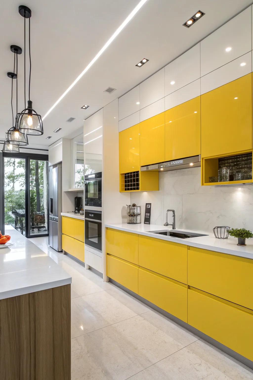 Bold yellow cabinets make for a striking centerpiece in any kitchen.