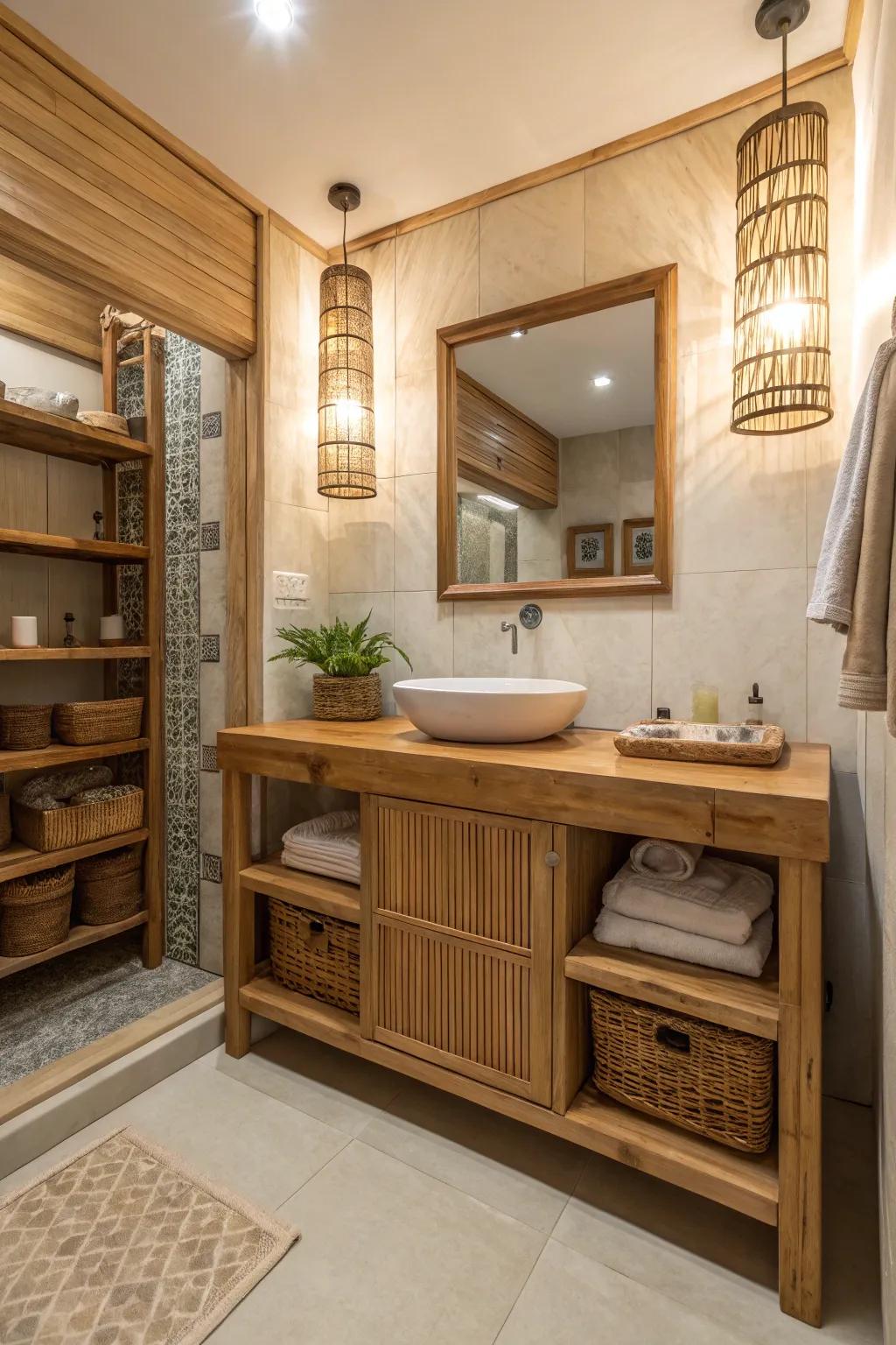 Wooden accents create a warm, inviting zen bathroom atmosphere.