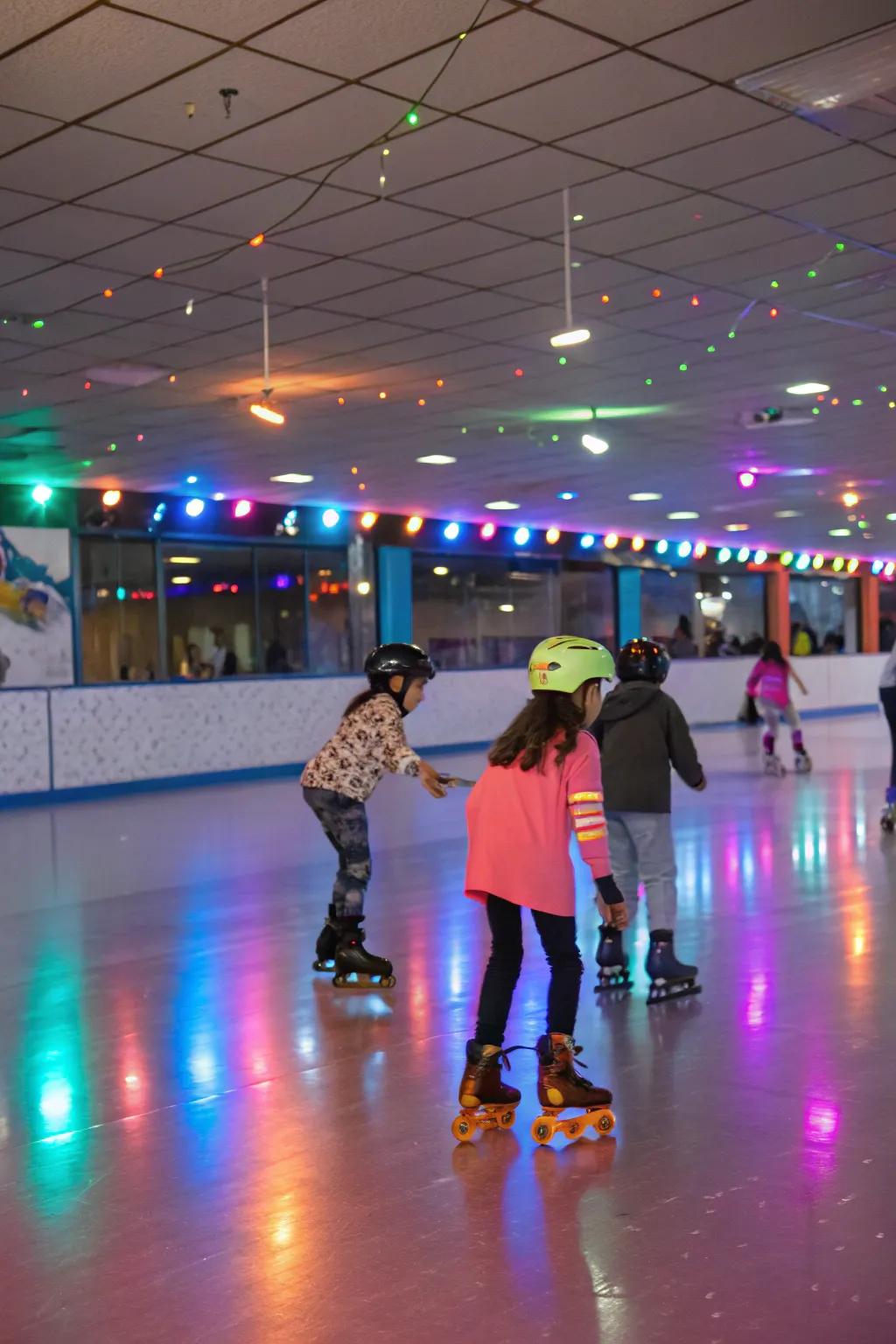 A vibrant roller skating party with music and fun.