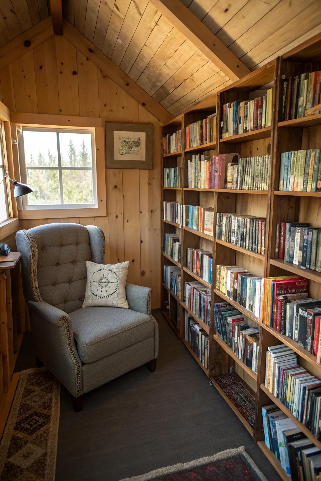 A library nook filled with bookshelves and a cozy reading chair.