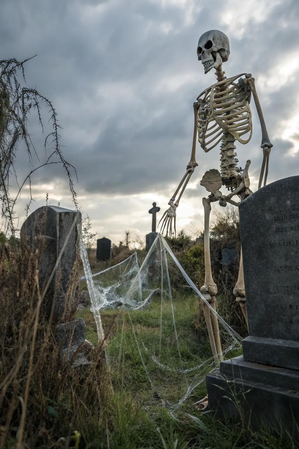 A graveyard scene with a towering skeleton.