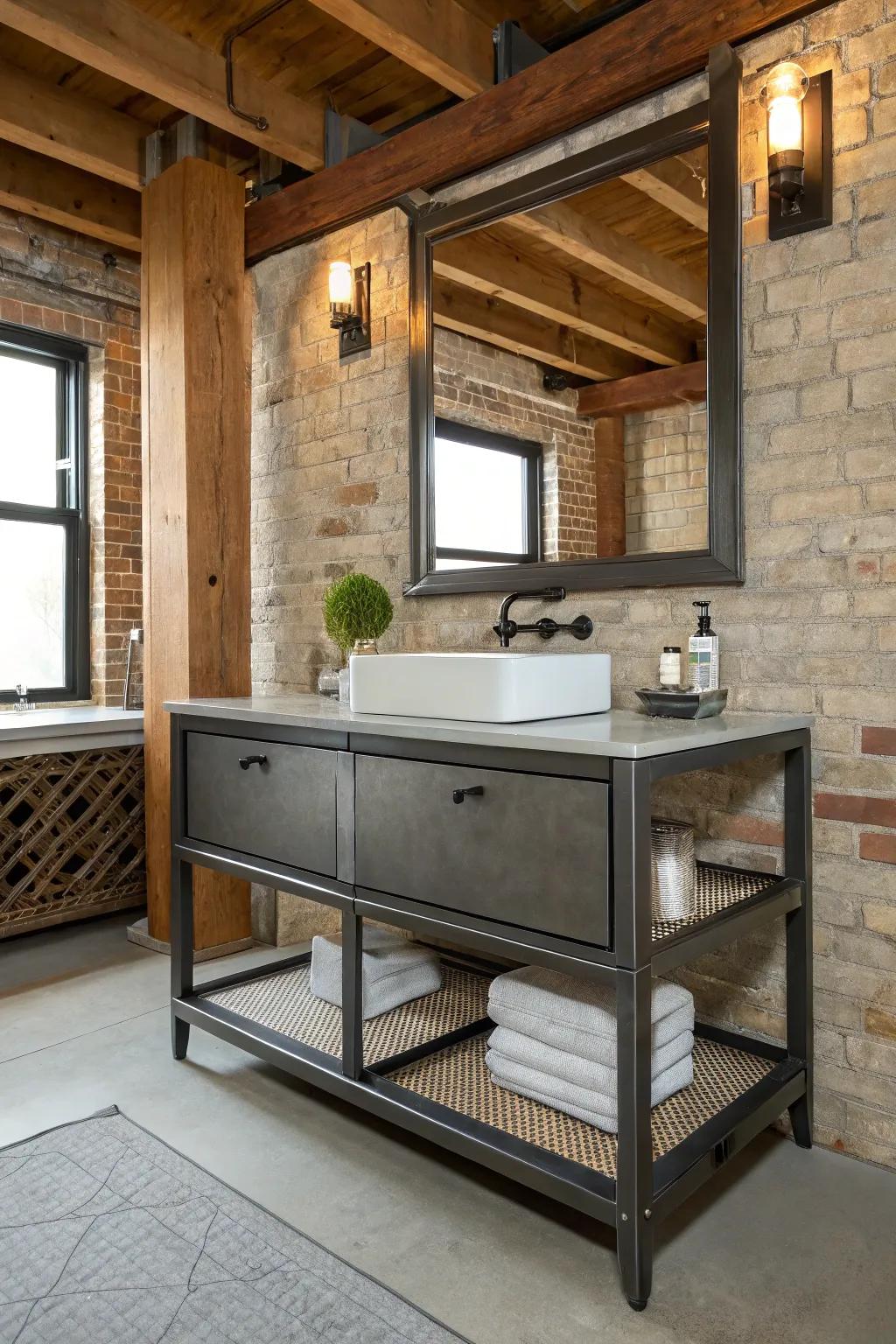 Add an edgy vibe with an industrial chic vanity.