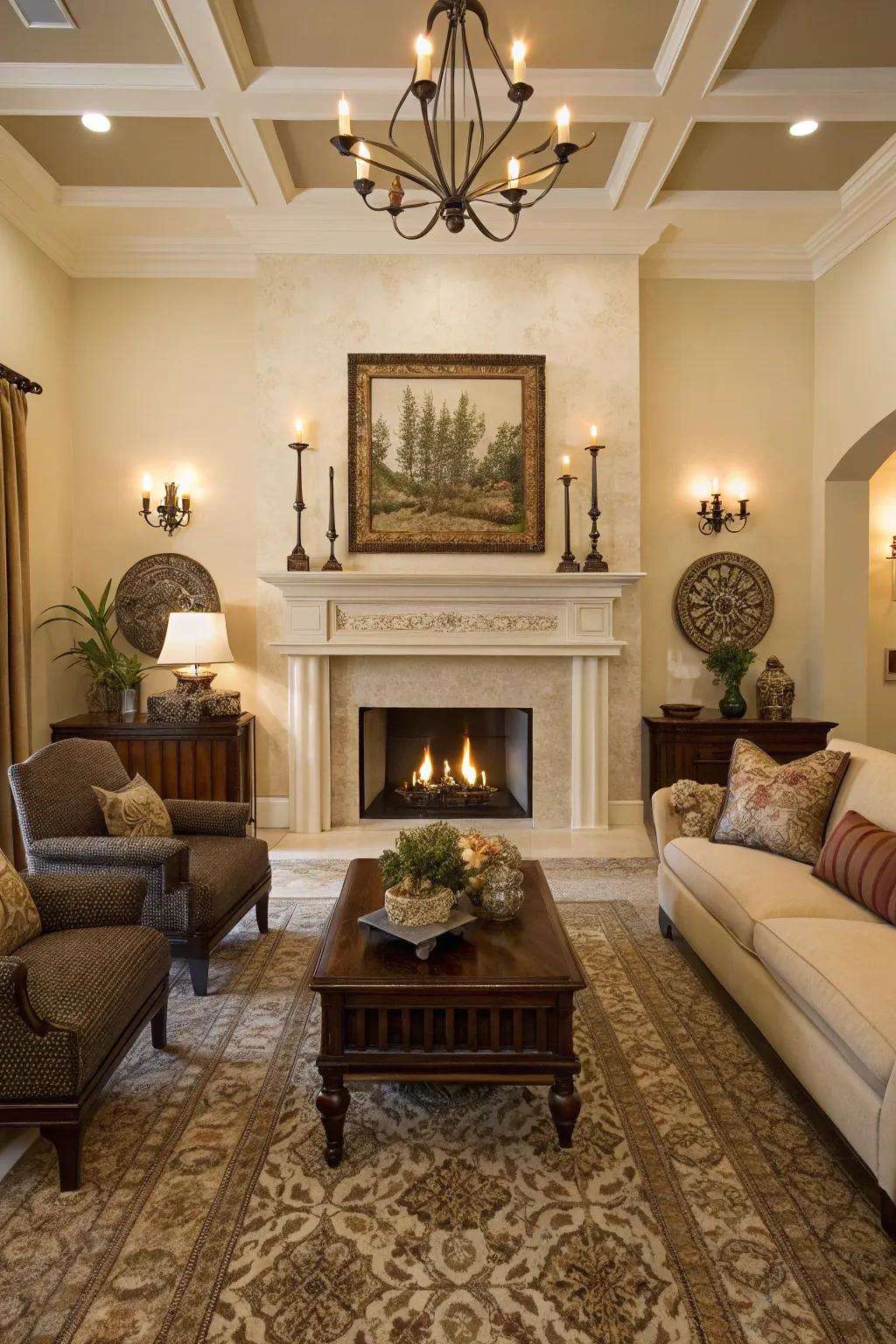 Symmetry creates a balanced and harmonious look above the fireplace.