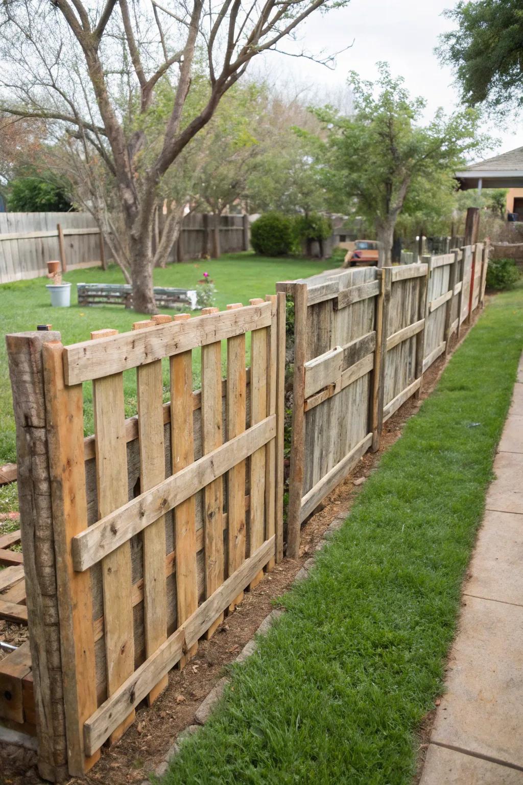 Reclaimed wood pallets create rustic and eco-friendly fencing.