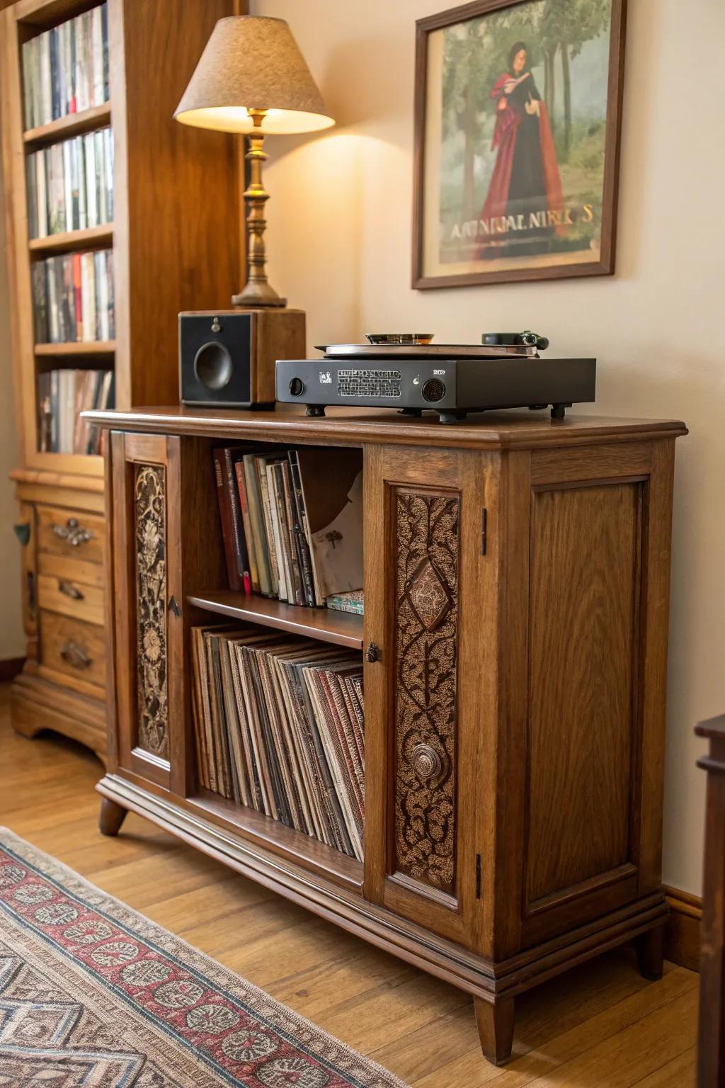 A vintage sideboard repurposed for quirky vinyl record storage.