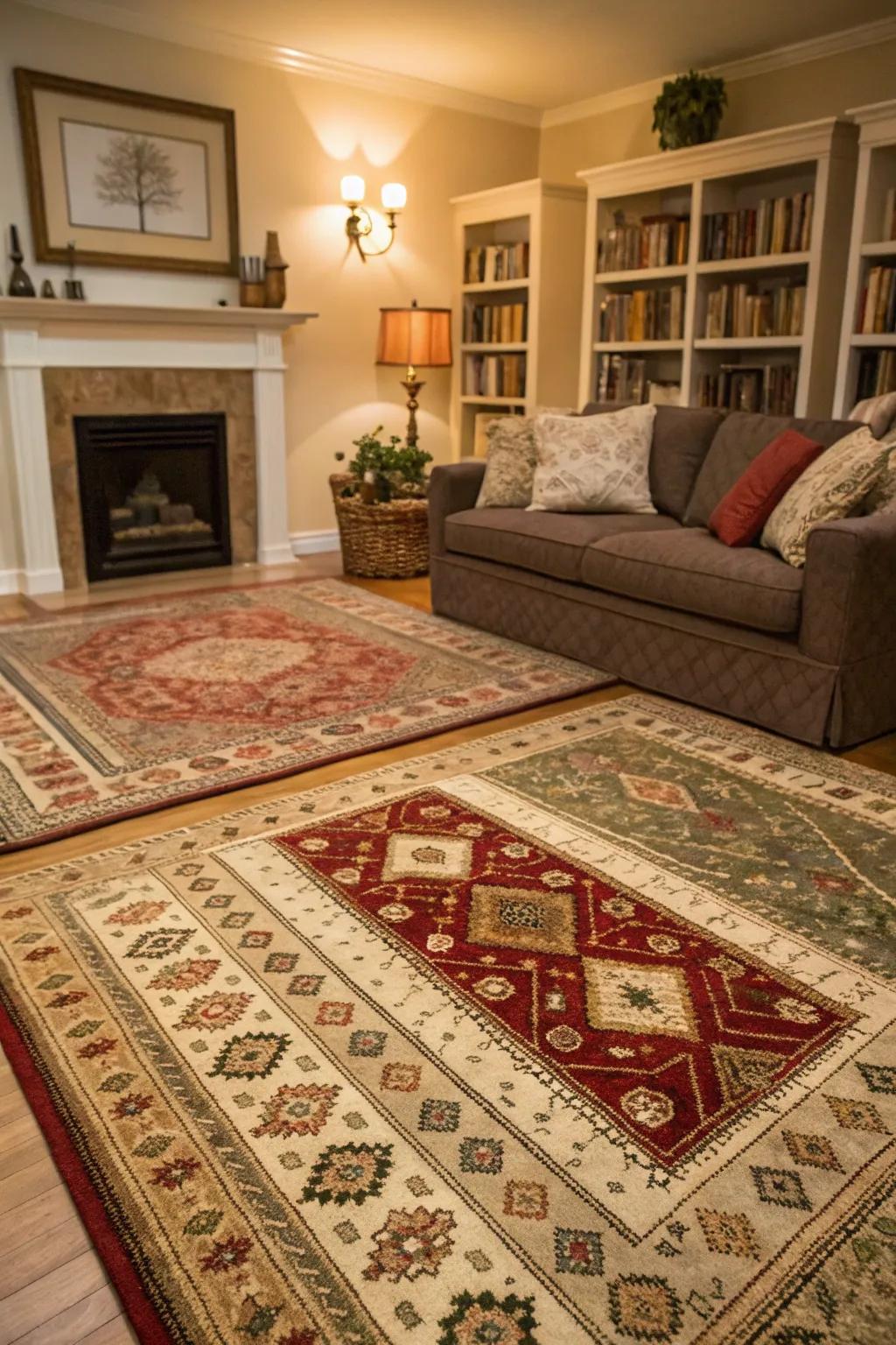 Layered rugs add warmth and define space in this cozy living room.