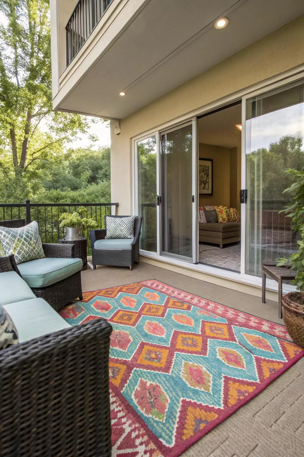 An outdoor rug adds style and comfort to the patio.