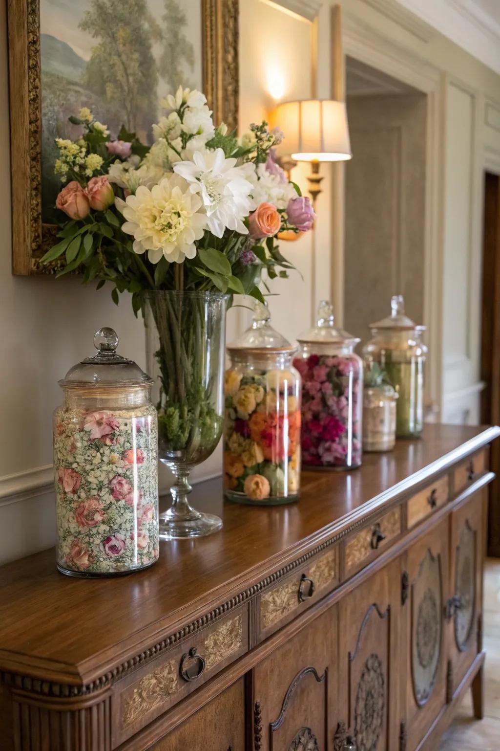 Floral arrangements in apothecary jars create a vibrant and lively atmosphere.