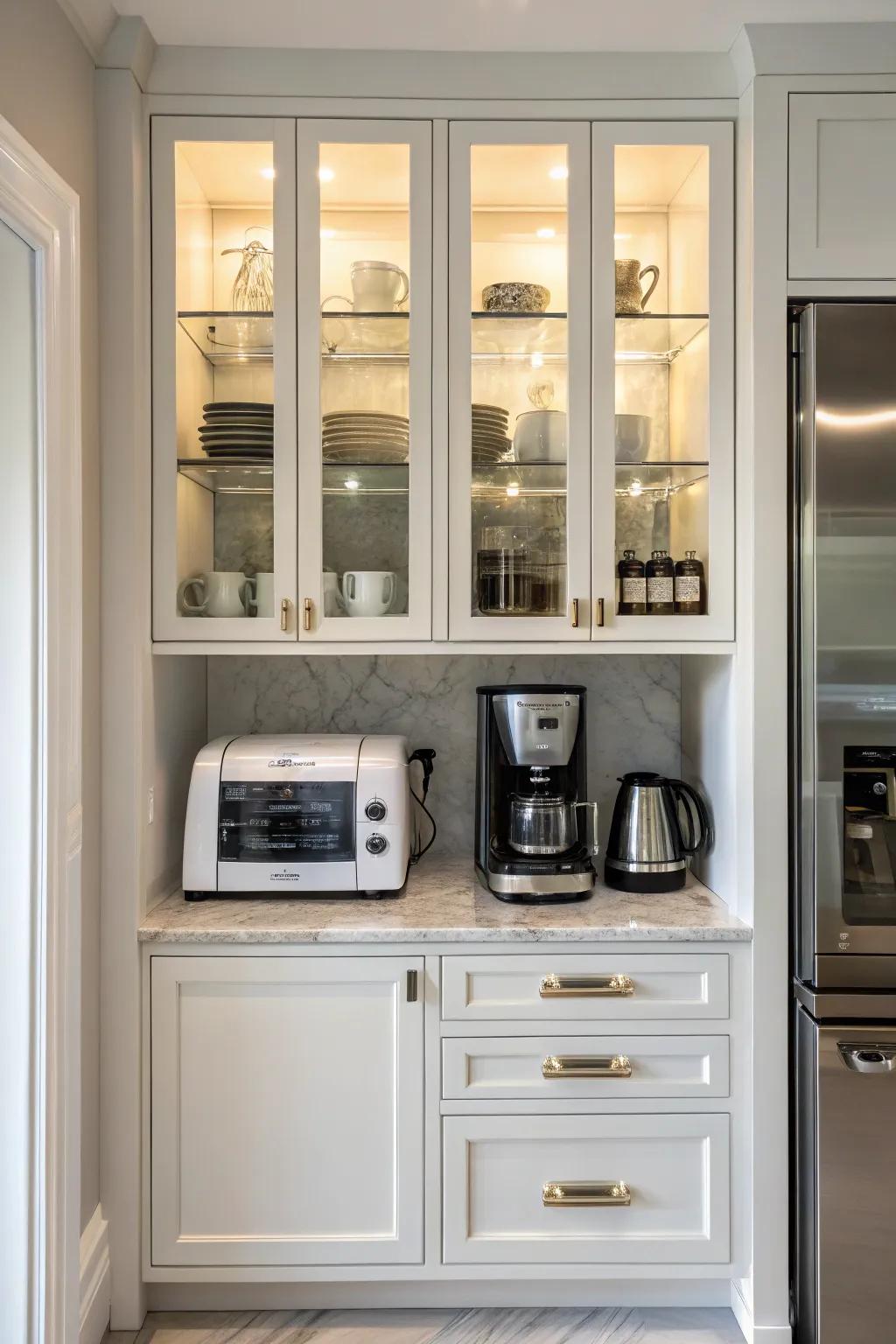 Glass doors showcase appliances, adding an elegant design element to the kitchen.