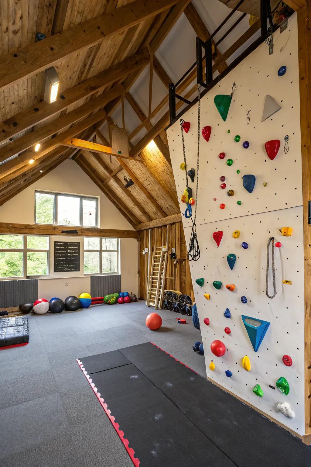 A climbing wall adds a fun and challenging workout element.