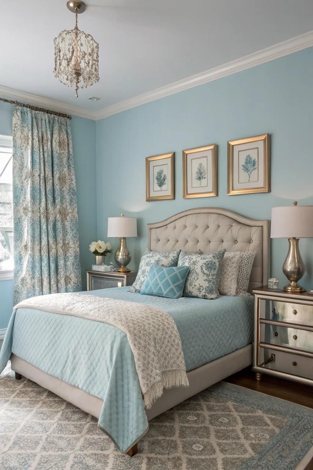 Metallic touches elevate the elegance of a baby blue bedroom.