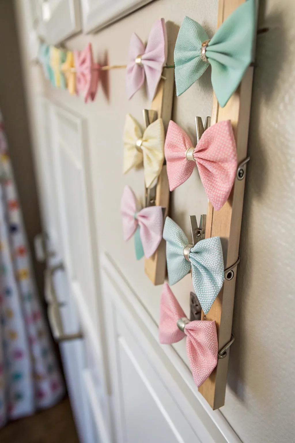 Innovative magnetic strip for organizing baby bows.