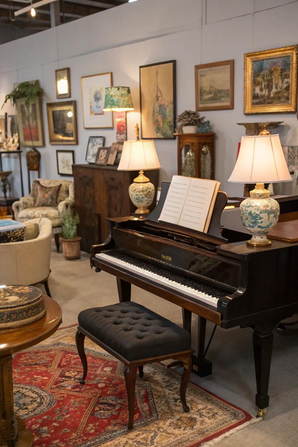 An eclectic mix brings a unique charm to the piano area.