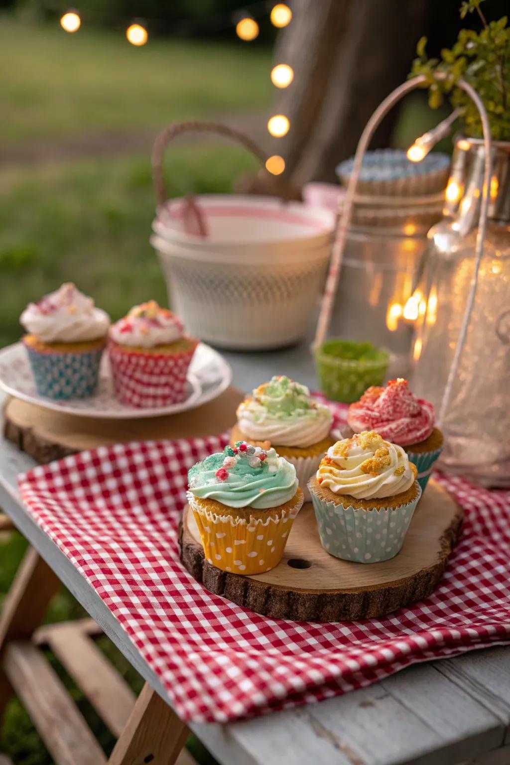 Gingham patterned cupcakes for a touch of classic charm.