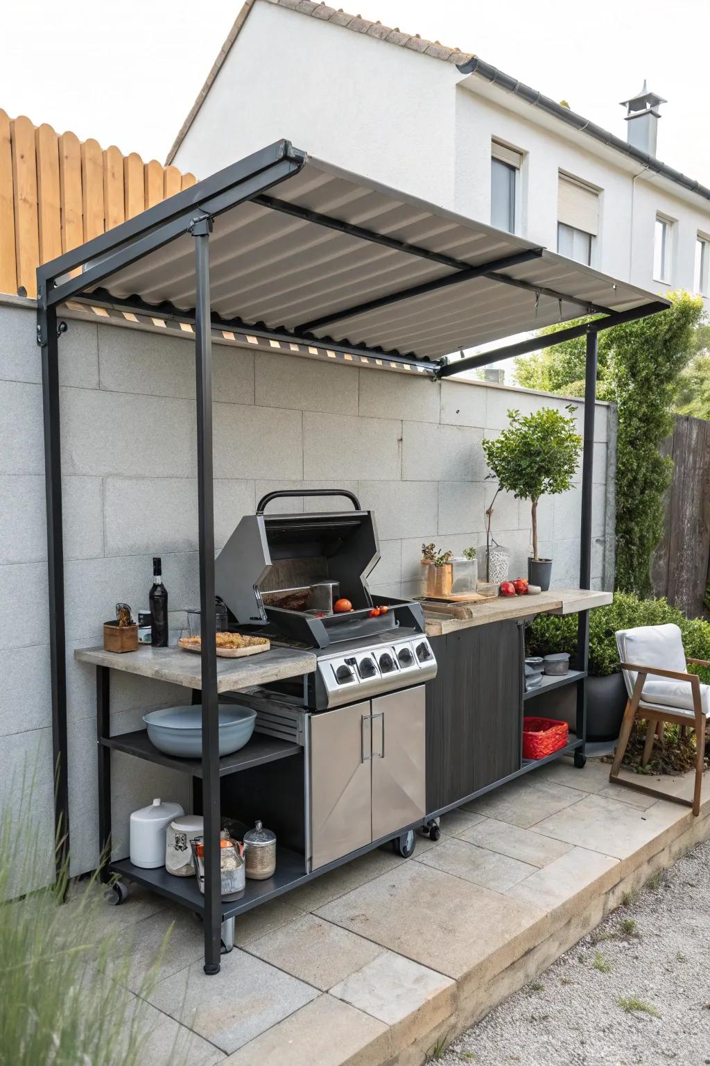 A compact awning provides focused protection for grilling in small spaces.