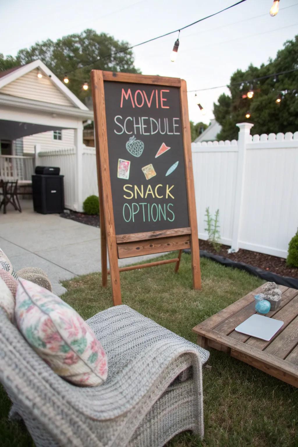 A chalkboard menu adds charm and keeps guests informed.