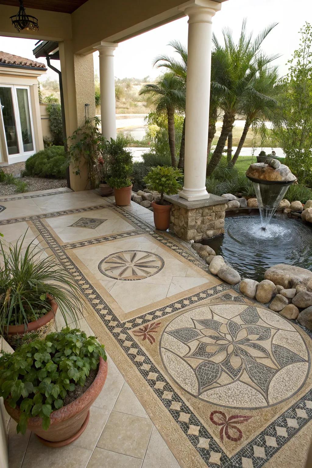 Pebble mosaics turn patios into artistic outdoor retreats.