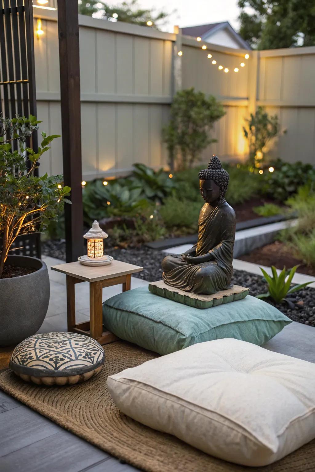 A meditation corner offers a peaceful retreat for reflection.