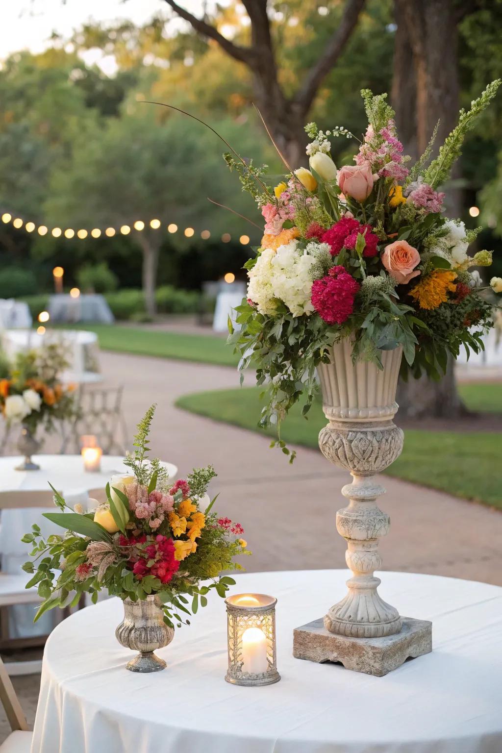 Garden-inspired centerpieces bring freshness and color to the tables.