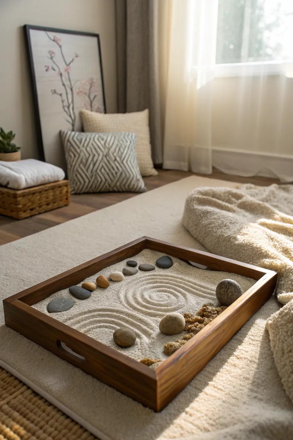 A Zen garden corner offers a serene escape.