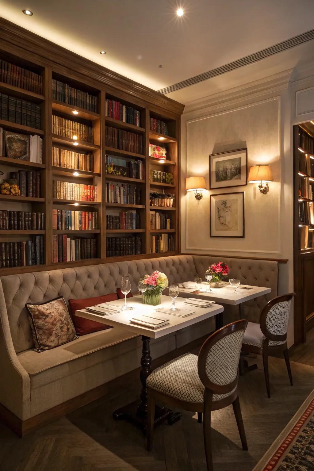 A cozy library-style dining room with banquette seating surrounded by bookshelves.