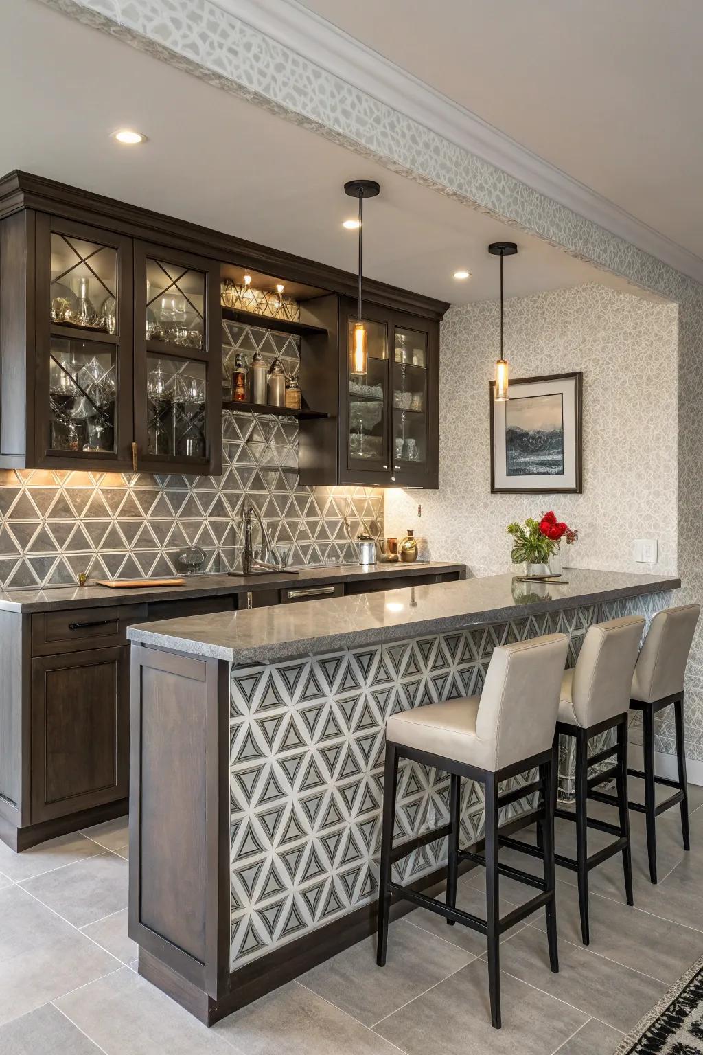 A home bar with a geometric pattern tile backsplash in a modern style.